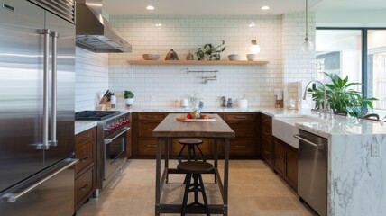 Fototapeta premium Bright, airy kitchen with white cabinetry and marble countertops. Perfect for design, real estate, or home improvement projects.