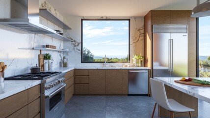 Fototapeta premium Bright, airy kitchen with white cabinetry and marble countertops. Perfect for design, real estate, or home improvement projects.