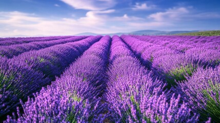 Fototapeta premium Lavender fields under blue sky, tranquil scene. Nature and relaxation concept