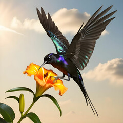 A majestic flying blacknaped oriol