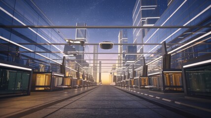 Obraz premium This vibrant illustration captures a utopian cityscape at sunset, showcasing flying vehicles and sleek architecture, perfect for projects themed around innovation, technology, and the future.