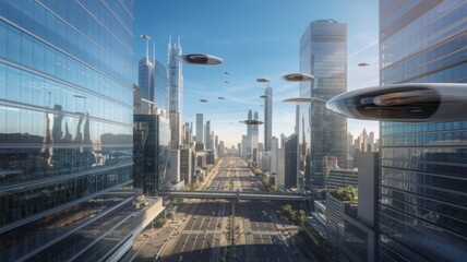 Obraz premium This vibrant illustration captures a utopian cityscape at sunset, showcasing flying vehicles and sleek architecture, perfect for projects themed around innovation, technology, and the future.