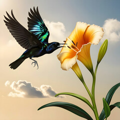 A majestic flying blacknaped oriol