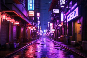 Futuristic purple neon themed Asian style city at night	
