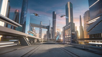 Obraz premium This vibrant illustration captures a utopian cityscape at sunset, showcasing flying vehicles and sleek architecture, perfect for projects themed around innovation, technology, and the future.