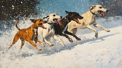 Naklejka premium Four Dogs Running Through Snow - Oil Painting.