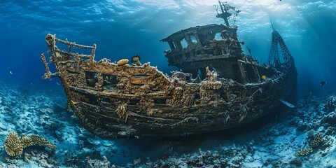 Sunbeams illuminate an old wooden shipwreck covered in coral and seaweed underwater.