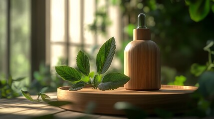 A beautifully crafted wooden bottle with a dropper on a wooden tray, surrounded by green foliage, blurred background with soft light from clear windows