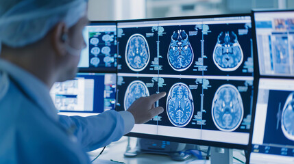 A doctor examining brain scans on multiple monitors, representing medical analysis and neurological study.