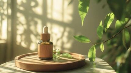 A wooden dropper bottle resting on a rustic tray, encircled by fresh green leaves, against a blurred backdrop illuminated by clear window light