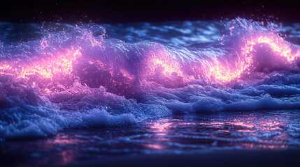 Fototapeta premium Blue waves crashing into the seashore with neon color algae in the night. 4k HD background wallpaper.