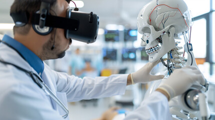 A doctor wearing virtual reality goggles interacts with a skeleton model, demonstrating the use of VR technology for medical training and education.