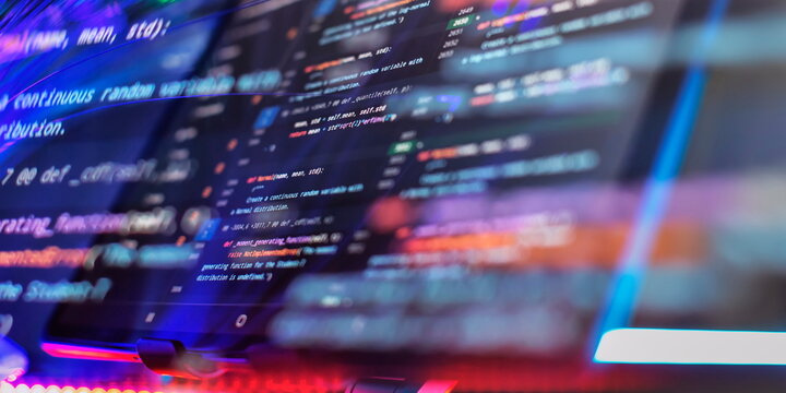 Modern tech. PHP syntax highlighted. Writing programming functions on laptop. Big data and Internet of things trend