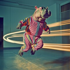 Hippo child in retro sports attire, jumping for a shot, long exposure light trails curving in the background, minimalistic 70s gymnasium setting