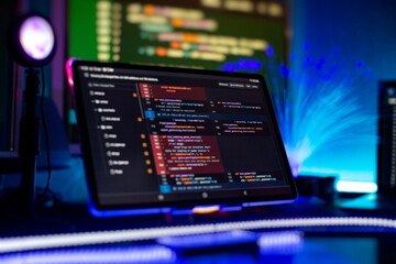 Notebook closeup photo. CSS, JavaScript and HTML usage. Monitor