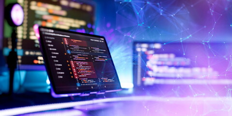 Notebook closeup photo. CSS, JavaScript and HTML usage. Monitor