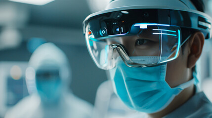 Close-up of a surgeon wearing smart glasses, utilizing augmented reality technology during surgery, representing the advancement in medical tools.