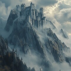 Majestic Medieval Castle Perched on Mountain Peak in Clouds