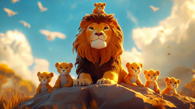 Majestic lion family forming a pyramid, the smallest cub at the top, 3D cartoon style, savanna big top.