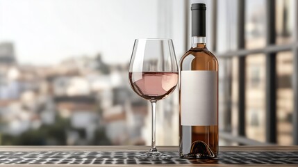 Elegant wine bottle and glass with customizable labels: A wine bottle paired with a glass, both on a transparent background