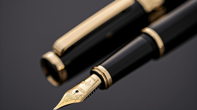 Close-up of a luxury fountain pen with intricate gold details, showcasing elegance and craftsmanship in writing instruments.