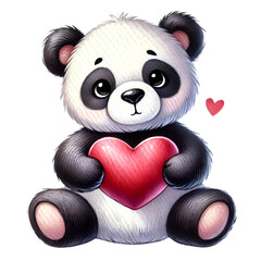 A cute, fluffy panda bear sits on a gray background, holding a red heart in its paws. 