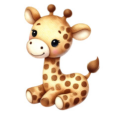 A cute, baby giraffe sits on a gray background. It has big, round eyes, a long neck