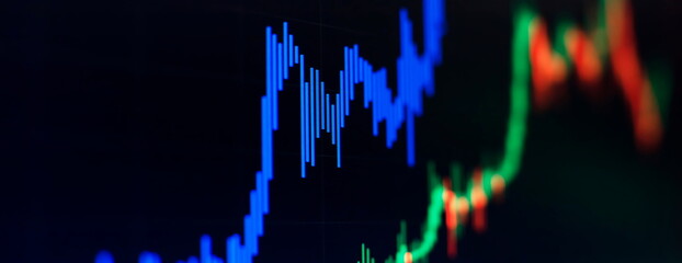 Investment, trade, stock, finance and analysis concept. Business graph charts of financial board display candlestick double exposure