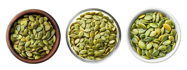 Top view green pumpkin seeds in bowl on white background