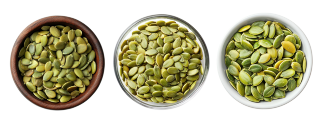 Top view green pumpkin seeds in bowl on white background