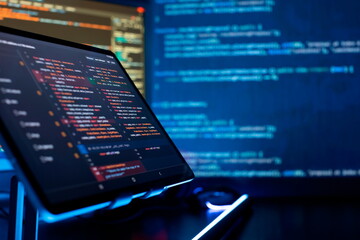 Programming code abstract screen of software developer. Coding script text on screen.