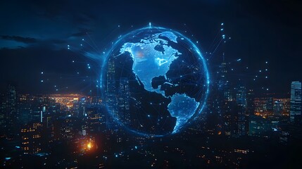 Digital Earth Hologram Above Modern City Skyline at Night
