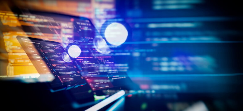 Technology background. Development, programming and coding technology concept. A programmer manually works with program code