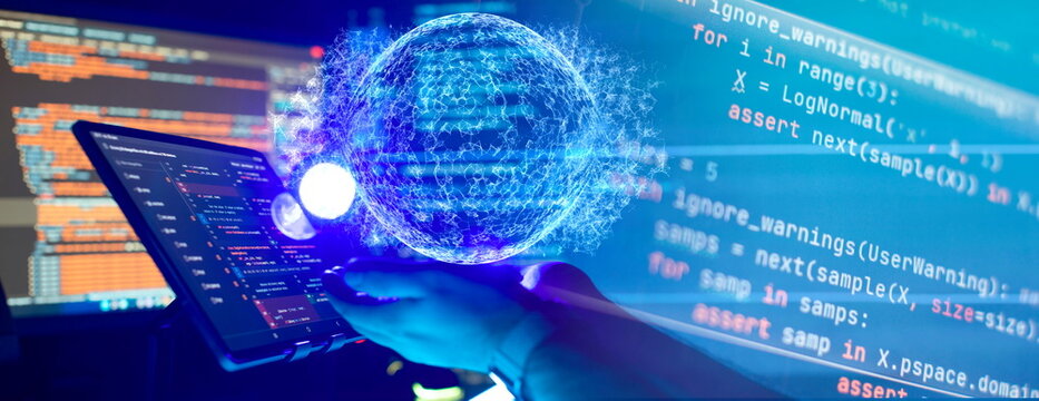 Monitor closeup of function source code. Abstract IT technology background.