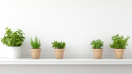 Fototapeta premium Five small green plants in terracotta pots arranged neatly on a white shelf against a minimalist background.