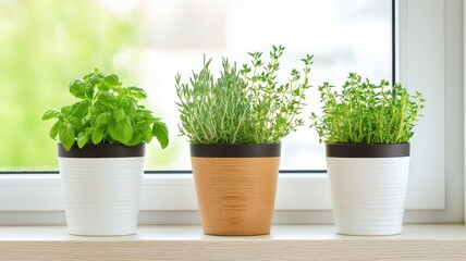 A serene window scene featuring three potted herbs: basil, thyme, and parsley, adding greenery and freshness to the indoor space.