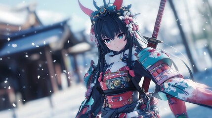 Anime Woman in Traditional Japanese Armor Posing in Snowy Setting.