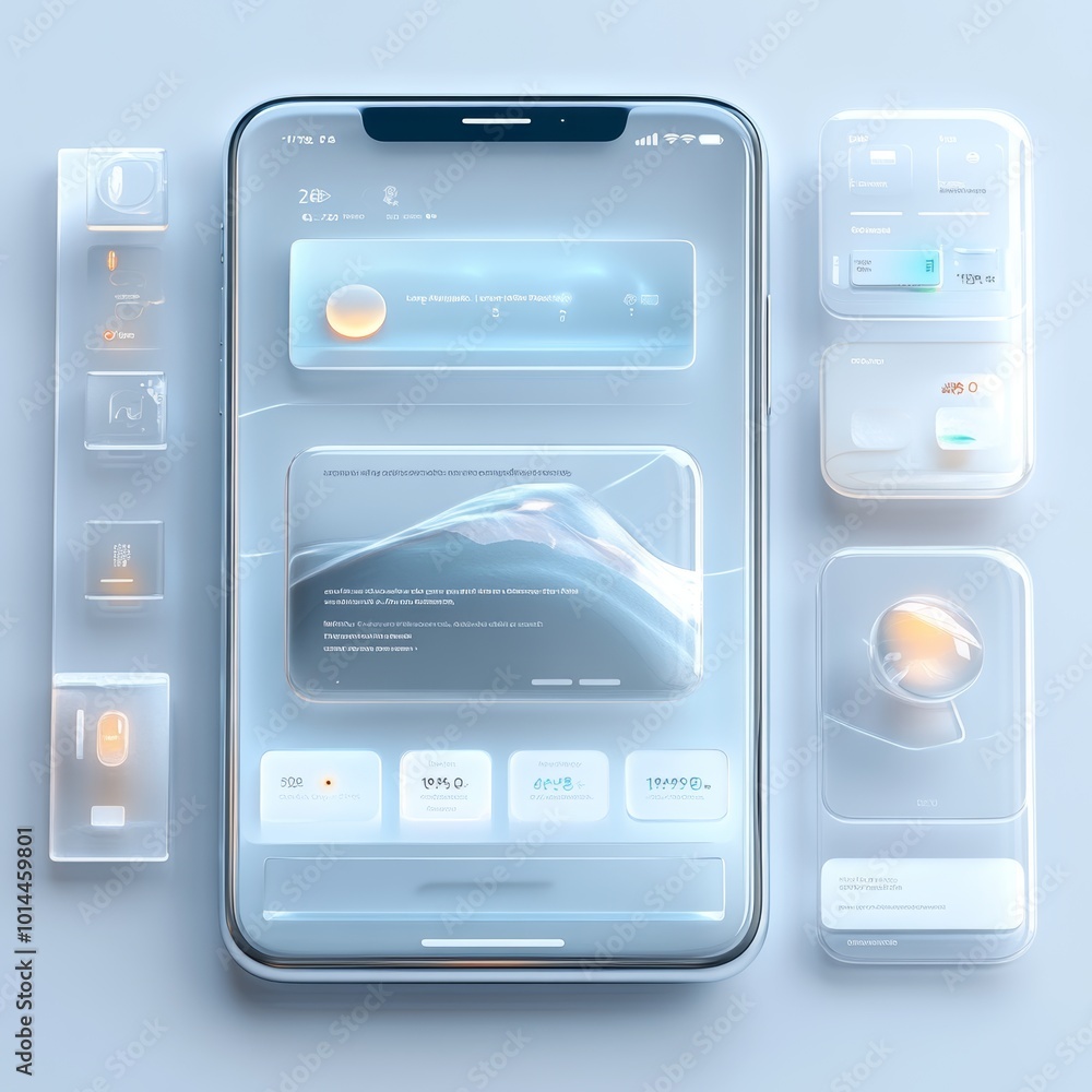 Poster futuristic smartphone interface design with glassy buttons and widgets