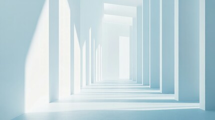Obraz premium Ethereal Hallway, a serene passage bathed in soft light, highlights minimalist architecture with elongated shadows on smooth white surfaces, evoking tranquility and openness.