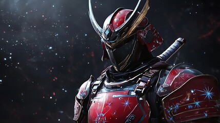 Fototapeta premium Powerful Samurai Warrior in Red Armor with Sword, Futuristic Design.