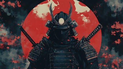 Silhouetted Samurai Warrior with Red Sun Background.