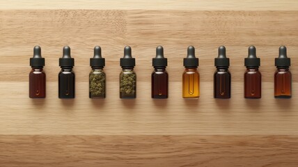 A row of assorted small glass bottles containing various liquid extracts, set against a wooden surface, showcasing different colors and contents.