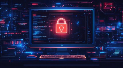 Illustration of a security key and lock icon inside a computer monitor, with multiple data streams flowing around, symbolizing network protection. Modern flat design with clean lines and space for