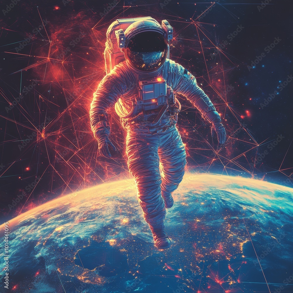Poster astronaut walking through space with earth below and connected by lines of light
