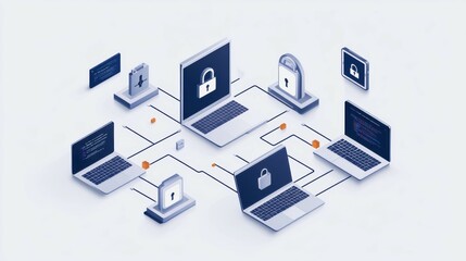 A 2D illustration of a network of devices such as laptops and smartphones, interconnected with secure padlocks and shields, representing global cybersecurity protection. Professional layout with open