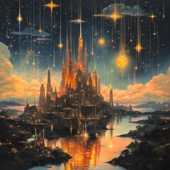 Fototapeta premium Fantasy Cityscape with Falling Stars and Water Reflection