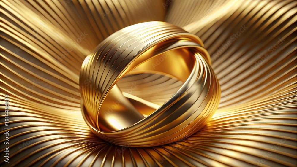 Poster three-dimensional representation of a twisted möbius ring in gold foil, contrasted with a macro pape