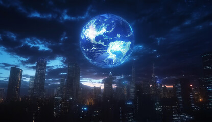 Holographic globe above cityscape at night, symbolizing global connectivity and digital worlds.