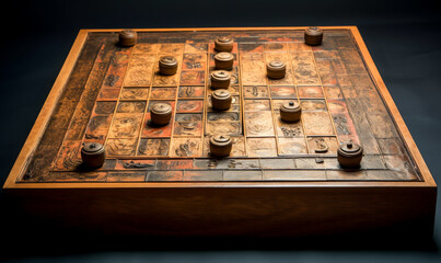 A vintage wooden board game featuring carvings and round playing pieces, evoking a sense of antique craftsmanship and traditional gameplay