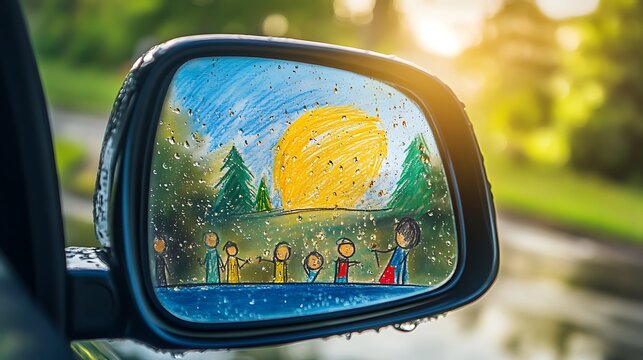A child's drawing of a family and a sunset on a car's rearview mirror, covered in raindrops.